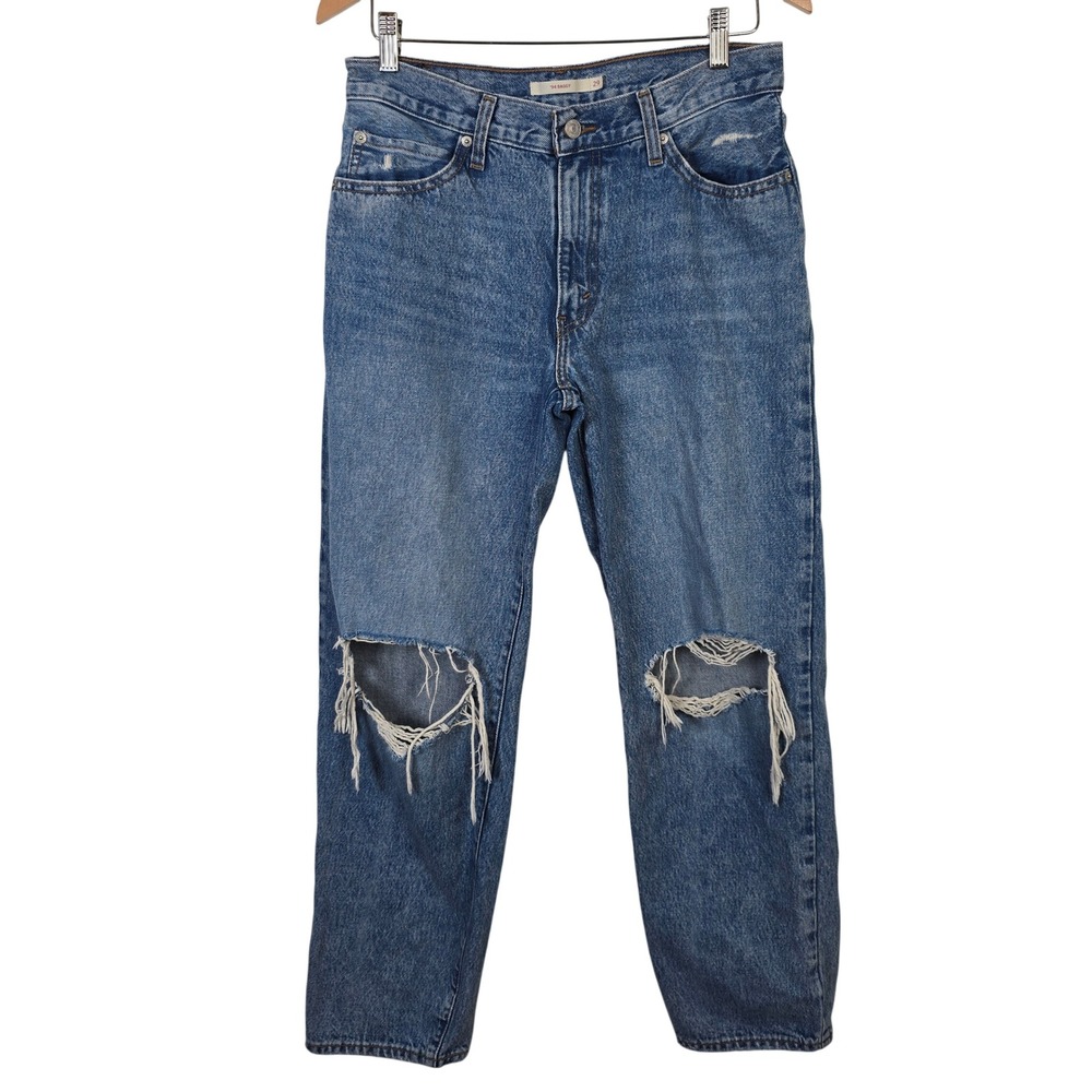 Levis 94 Baggy Jeans Women 29 Medium Wash Distressed Ripped Knee Blue Denim
